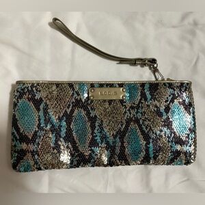 Lodis Blue and Brown Snakeskin Wristlet Clutch